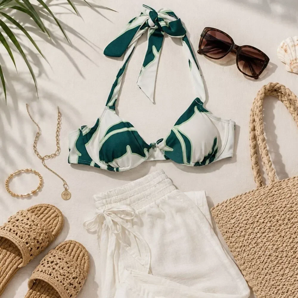 Shade & Shore Green Cream Halter Bikini Top 34B NWT Tropical Swimwear
